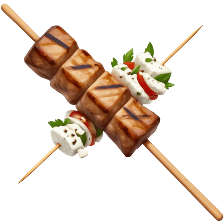 Souvlaki Cinematic Realistic Souvlaki Dish Emoji, depicted as skewered, grilled meat served with a side of crumbled feta cheese, rendered with rich textures and dynamic, appetizing lighting. emoji