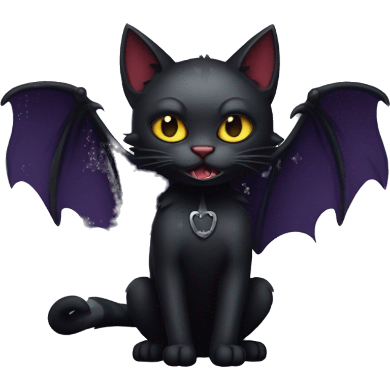 Black vampiric Cat-Fakémon with big fangs and bat wings on head and bat wings on back full body emoji