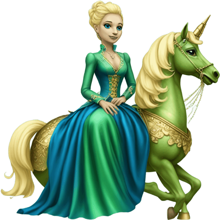 "galora green blonde alien woman" in blue Victorian dress elegant, full body, on gold unicorn emoji