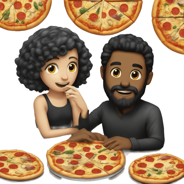 white man with black hair and beard sitting at a table eating pizza with small white girl with black hair emoji