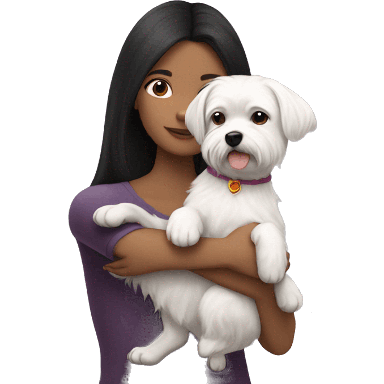 a girl with dark hair hugs a small white dog, a Maltese breed, emoji