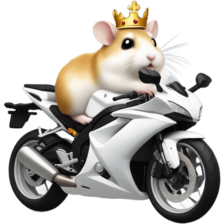 A hamster with a crown riding a full-white Yamaha-r3 emoji