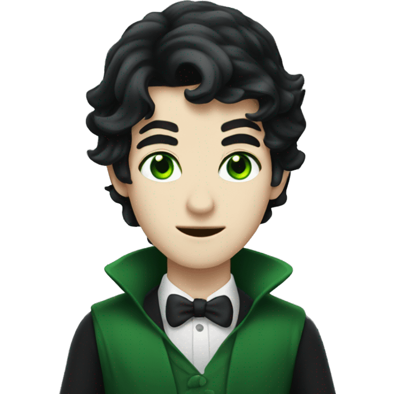 teenage white-skinned magician with black hair, green eyes in dark green disguise emoji