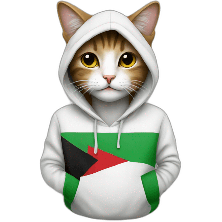 a cat wearing a hoodie with Palestinian flag emoji