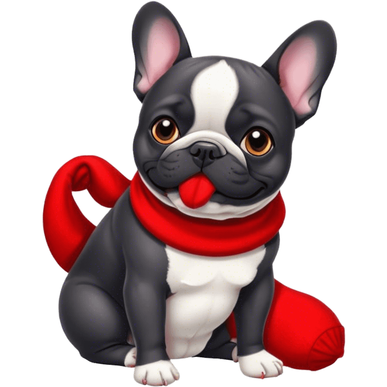 Black and white French Bouledogue eating a red sock  emoji