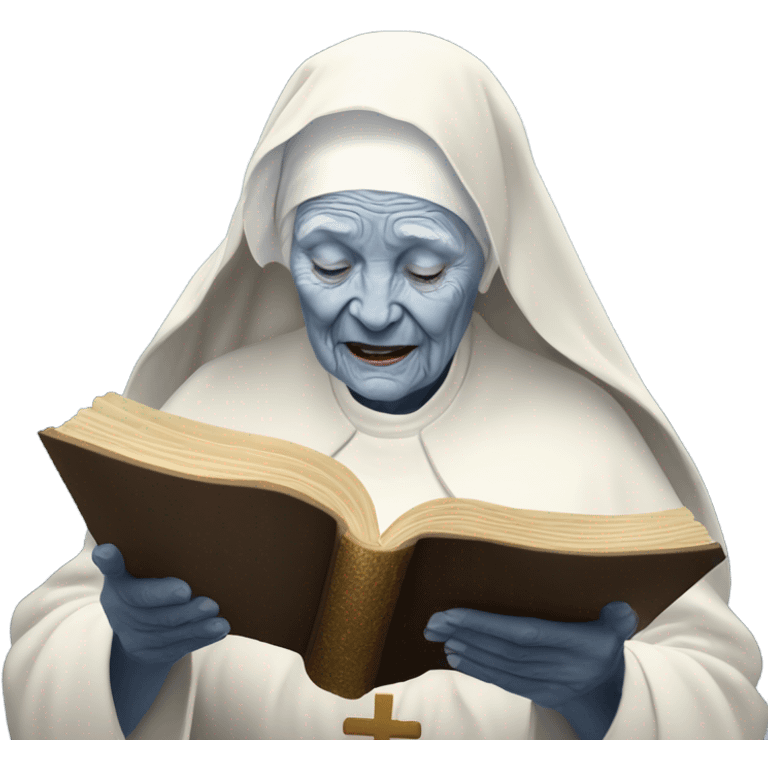 Old white nun with some wrinkles with golden blonde lots and lots of wringlets and she is reading the holy Bible scriptures with saphire blue eye colour  emoji