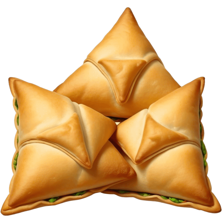 Cinematic Realistic Samosas Dish Emoji, depicted as golden, crispy pastry pockets filled with spiced vegetables rendered with detailed textures and appetizing lighting. emoji