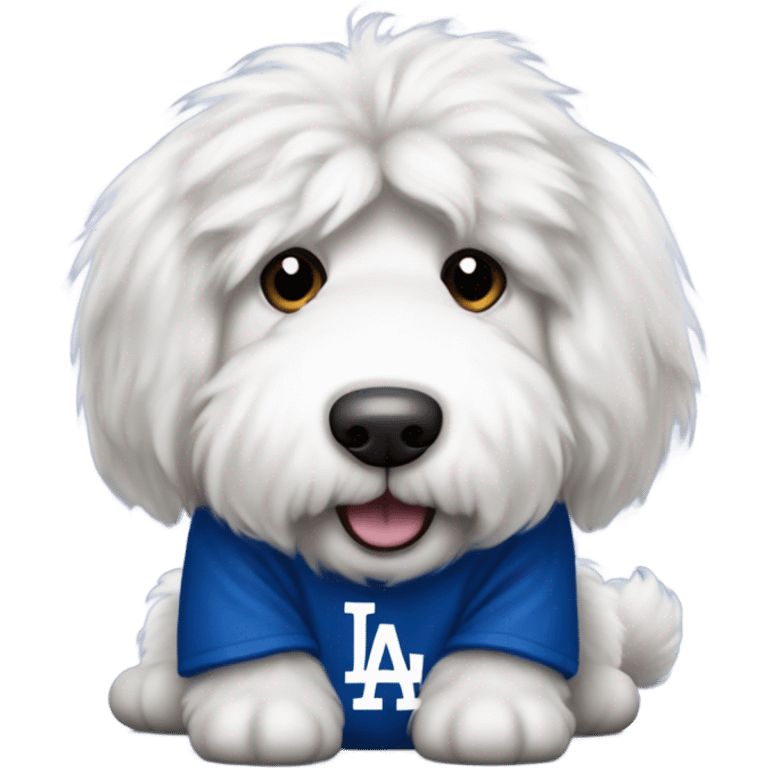 Old English sheepdog waiting for food wearing a Dodgers shirt emoji