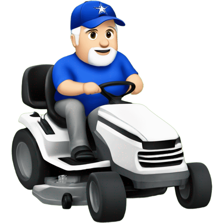 Fat old white male with short grey beard and blue Dallas cowboys hat riding lawn mower  emoji