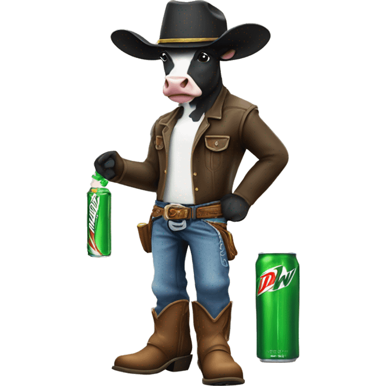 Cow holding a mountain dew in its hand and wearing jeans boots and a cowboy hat emoji