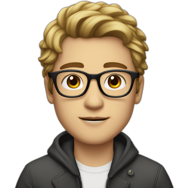 A beautiful young man with blapck, medium hair and white skin, wearing round glasses and jacket emoji