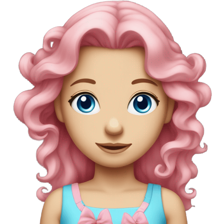 Long wavy Pink haired girl with bright beautiful blue eyes and pretty face, wearing a cute pink dress with a bow in her hair emoji