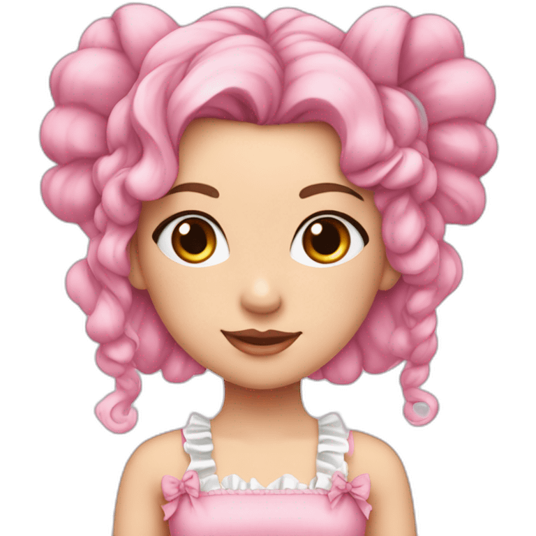 white girl in pink frilly dress with ruffles and bow, pink hair, long pigtails emoji