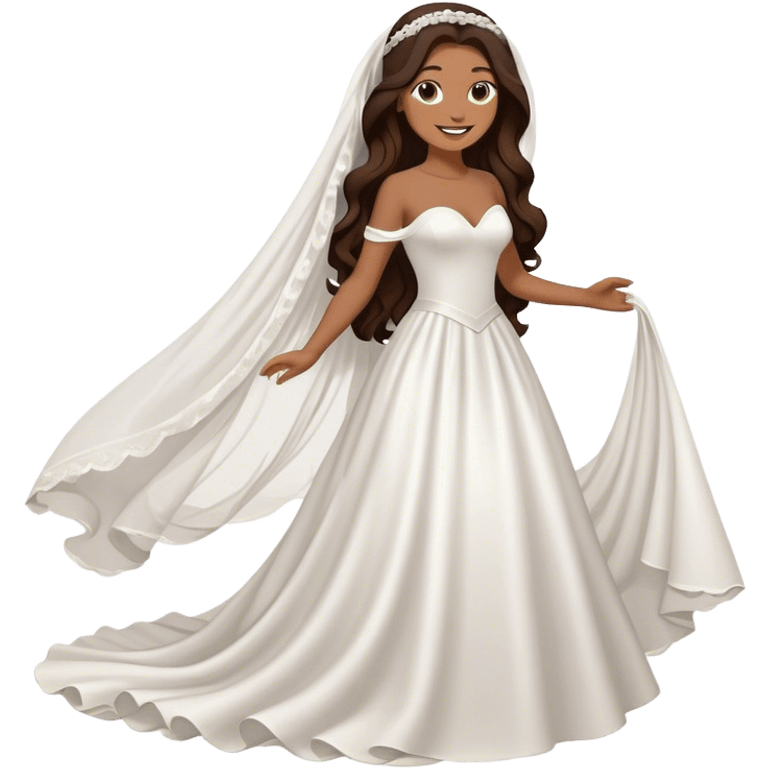 Full body tan woman with dark brown long hair Hollywood wave hair. Wearing a white wedding dress, veil happy emoji