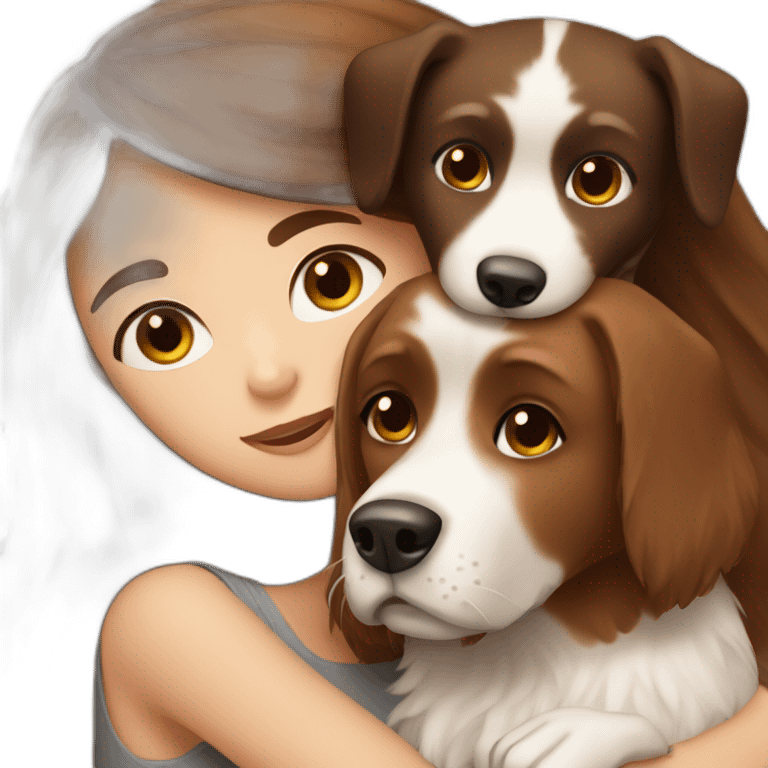 long brown hair girl cuddling a brown black white dog emoji