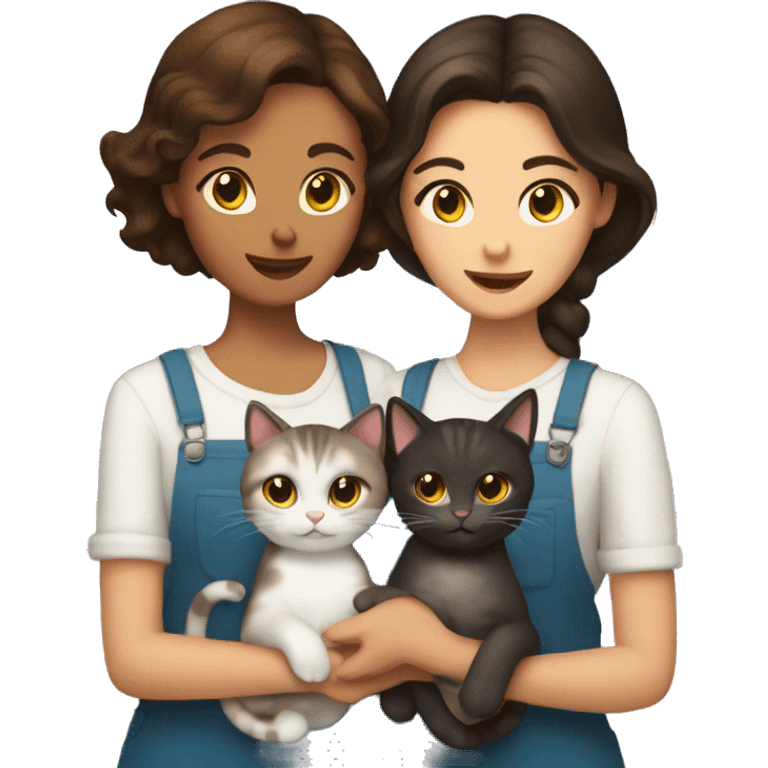 Two brunettes and three cats in their hands emoji