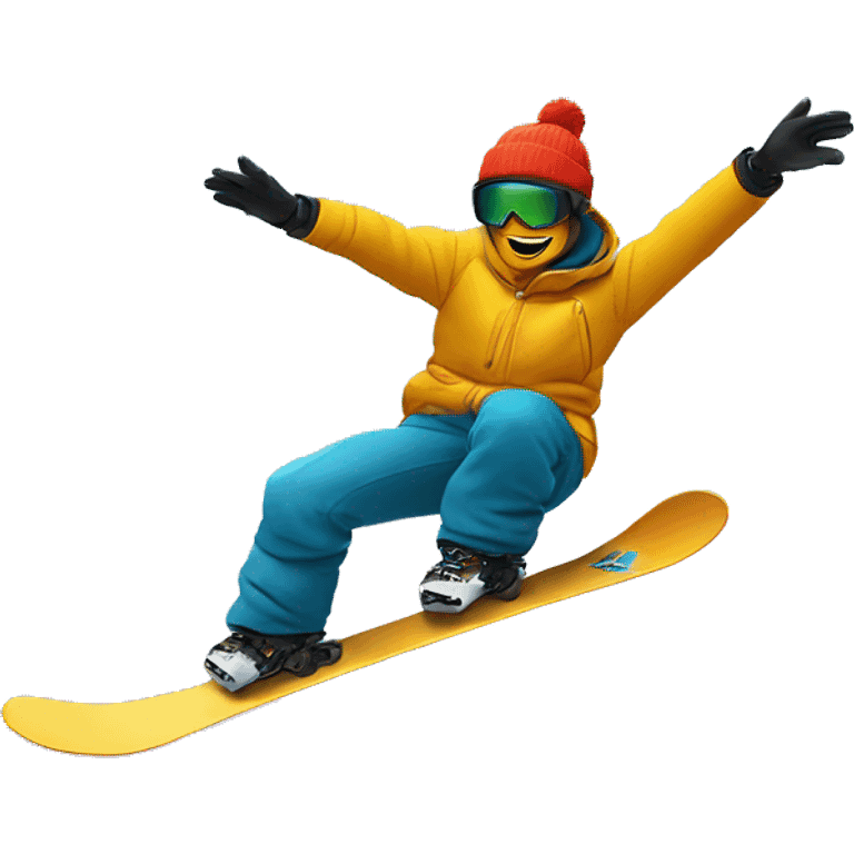 a logo, DENNIS on SNOW, with A snowboarder, doing tail grab in the sky emoji