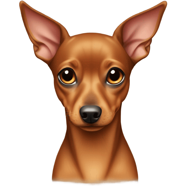 Fully tan miniature pinscher with thick neck with a white stripe in the center, and outward extending long ears  emoji