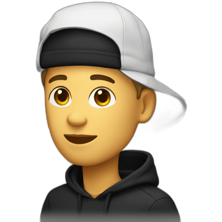 White Designer wearing flat bill hat and black hoodie emoji