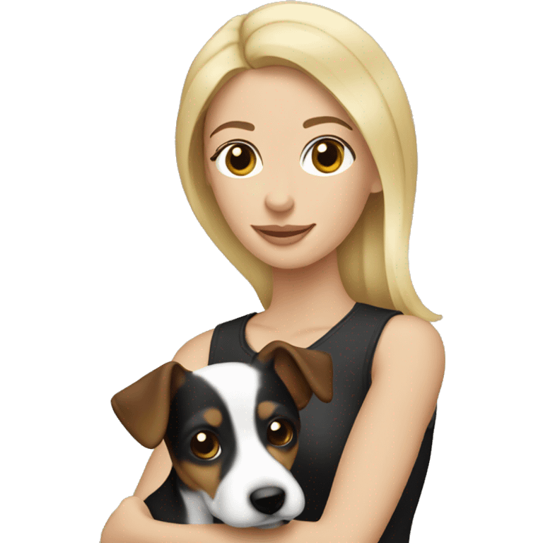 Blonde woman holding a black brown and white jack russell emoji