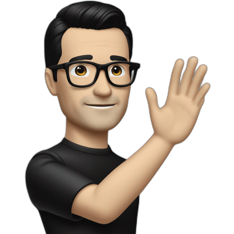 small photo realistic right arm waving Ralf Hutter from Kraftwerk, short straight black hair, Dark Brown eyes, black glasses, thin, black shirt, left side view emoji