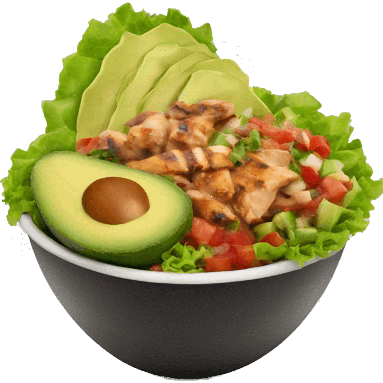 Chipotle bowl with lettuce, chicken, avocado and salsa emoji