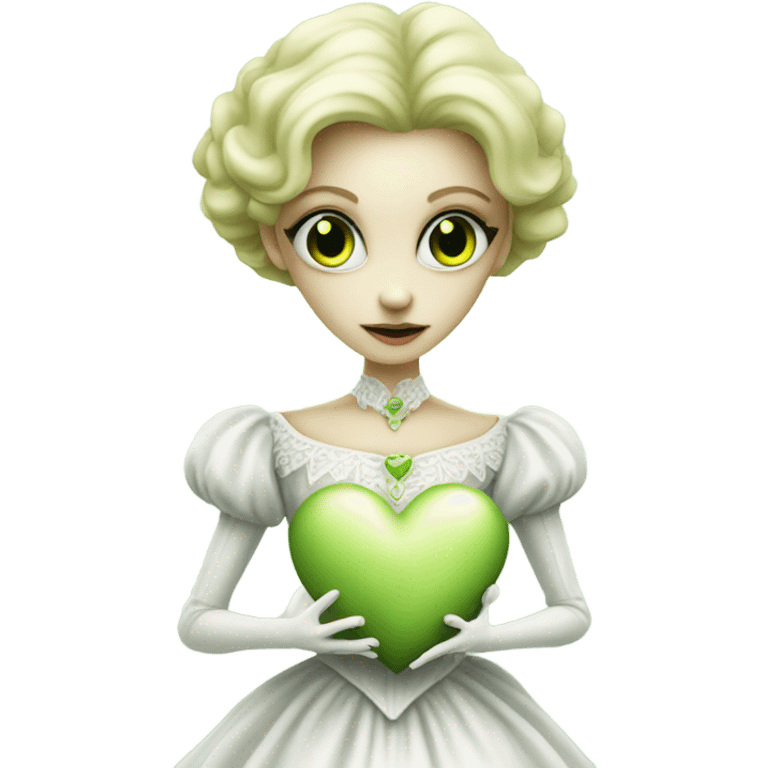 "galora green blonde alien woman" in white Victorian dress elegant, full body holdig big hearth emoji