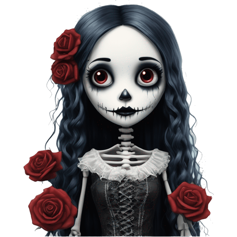 full body, hyper realism, full height skeleton, tim burton "corpse bride", thin porcelain doll with a cracked face, goth makeup watery eyes, long hair, lace and ruffles, lolita style, inked, black and white, red roses emoji