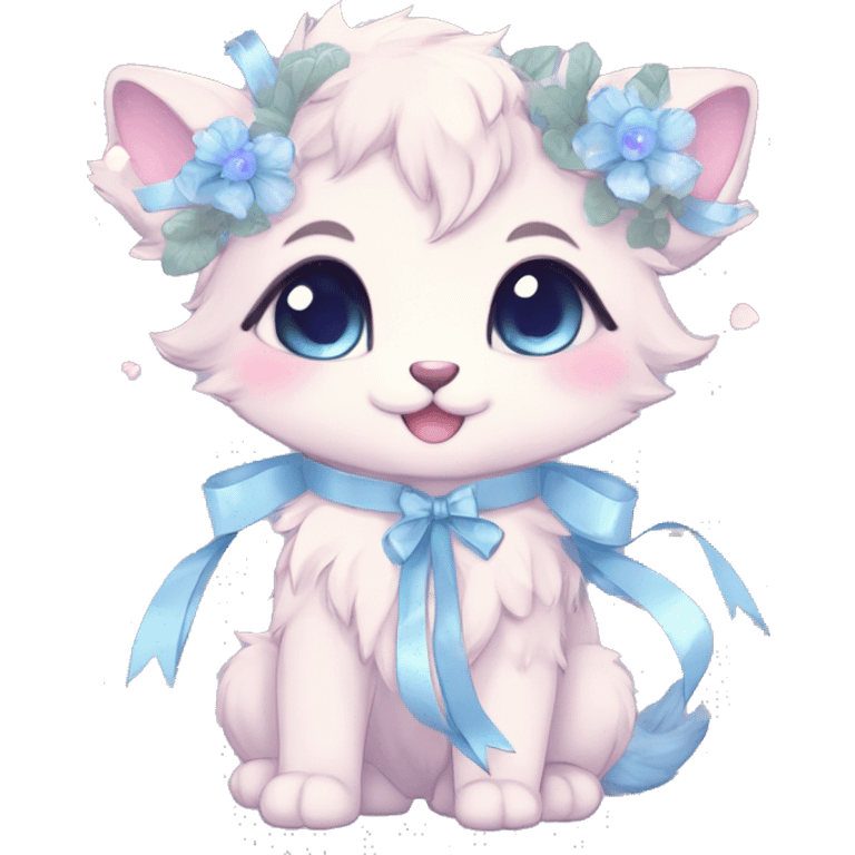 Anthro Cute Cool Blushing Pastel Innocent Shy Kawaii gorgeous sparkly ethereal fantasy anime animal creature with blue eyes furry sona with flowers and ribbons beautiful aesthetic emoji