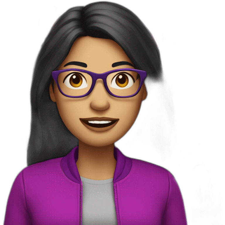 pale olive skin woman with long black hair, glasses, a big mouth and wearing purple and magenta jacket emoji