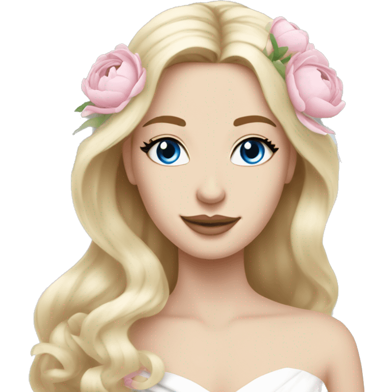 White bride with long light blonde hair and blue eyes with light pink peonies in hair white skin  emoji