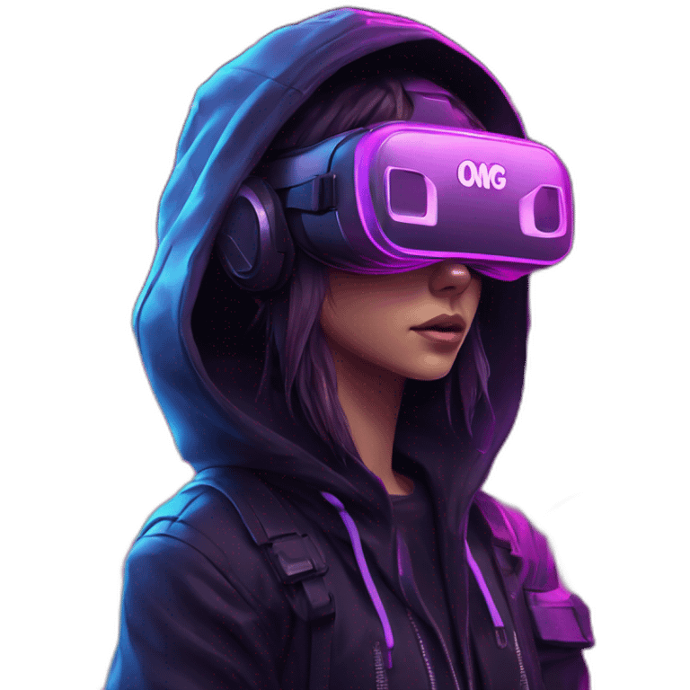 Nikulin Yurii wearing a black hoodie with "OMG" letters on it and VR headset in a cyberpunk VR environment with violet neon lighting. emoji