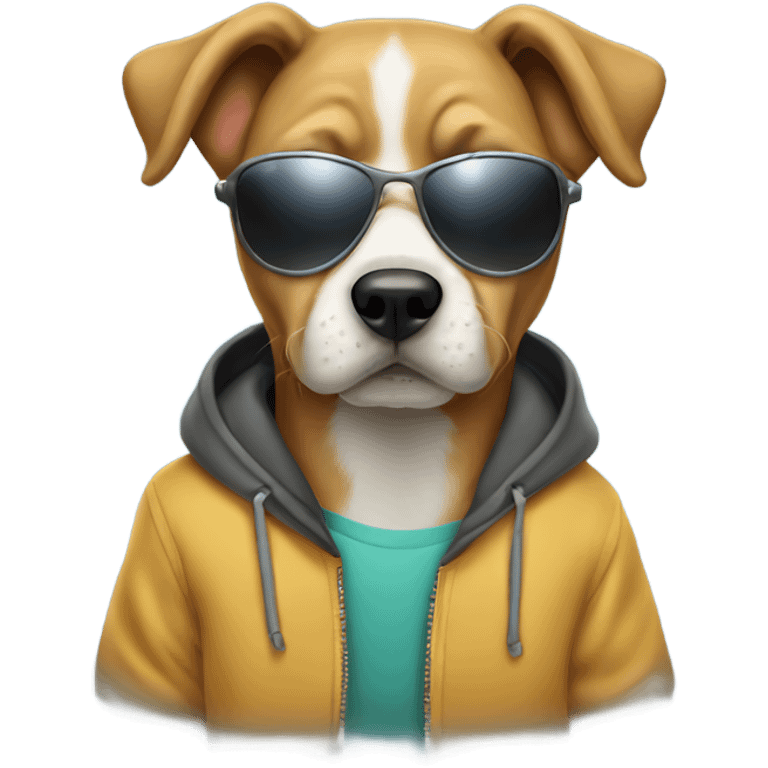 Dog wearing a hoodie with sunglasses emoji