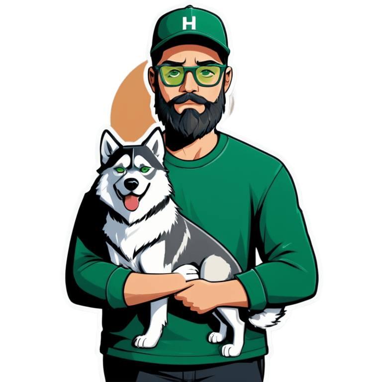 A bold man with a grey baseball cap, green eyes, big beard and glasses holding a husky dog emoji