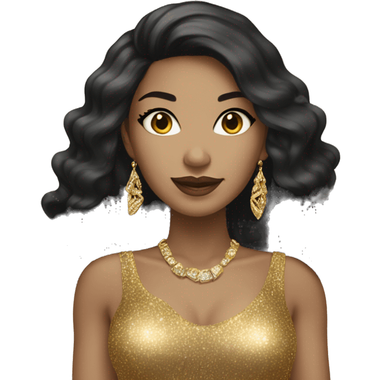 light skin woman with black long hair in gold sparkle dress with gold jewelry emoji