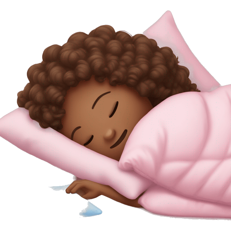 Sleepy girl laying on pink pillow with brown curly hair and a ice pack emoji