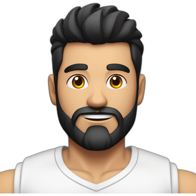 close up of white skin indian in plain white shirt with sleeve up and quiff black hair style and beard and muscle body emoji