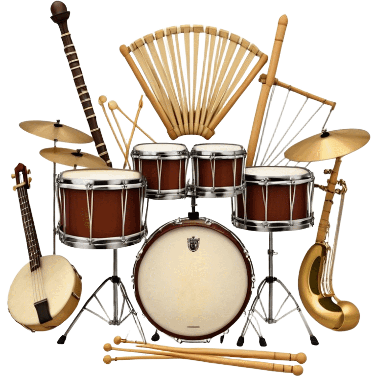 Create a professional, emblem-like emoji representing percussion instruments, including both traditional and folk drums. Feature a snare drum, bass drum, timpani, cymbals, marimba, tambourine, djembe, bongos, cajón, triangle, castanets, and ratchets in a balanced, heraldic composition. Crossed drumsticks at the center symbolize rhythm, while a ribbon of musical notes weaves around the instruments. Use rich gold, mahogany, and silver tones with polished highlights. Add laurel wreaths and subtle engravings for a grand, festive feel. The design should be harmonious, visually complete, and on a transparent background. emoji