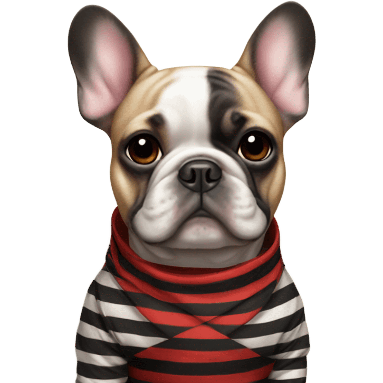 Frenchie wearing a a red and black strip square  emoji