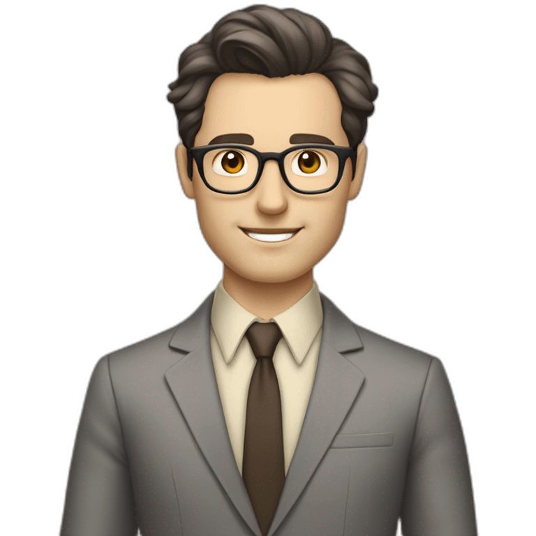 Full height Pale skinned Fit Man With dark brown hair in classic gray suit, beige office shirt, dark gray tie, and vintage glasses. His hands lock emoji