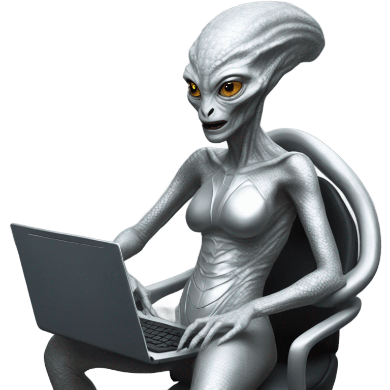 Alien reptilian womanvin silver, full figure, working at computer  emoji