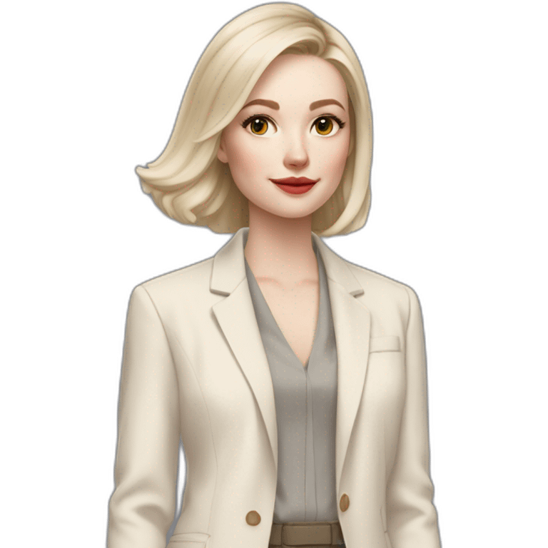 pale skin woman with ash blonde Straightened bob Hair, White Spacious classical jacket, beige palazzo Arrow pants and gray blouse holding RAL colour palette in the hands emoji