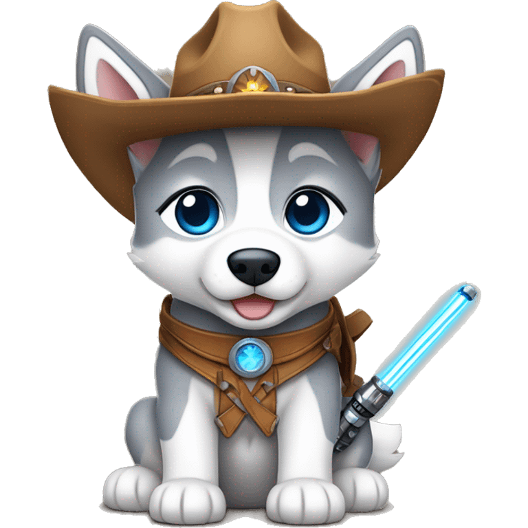 Gray Siberian Husky with blue eyes puppy wearing a cowboy hat dressed in Jedi clothing Holding a Lightsaber with the Paw emoji