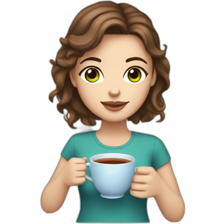 white girl brown hair blue/green eyes and cup of tea in hand emoji