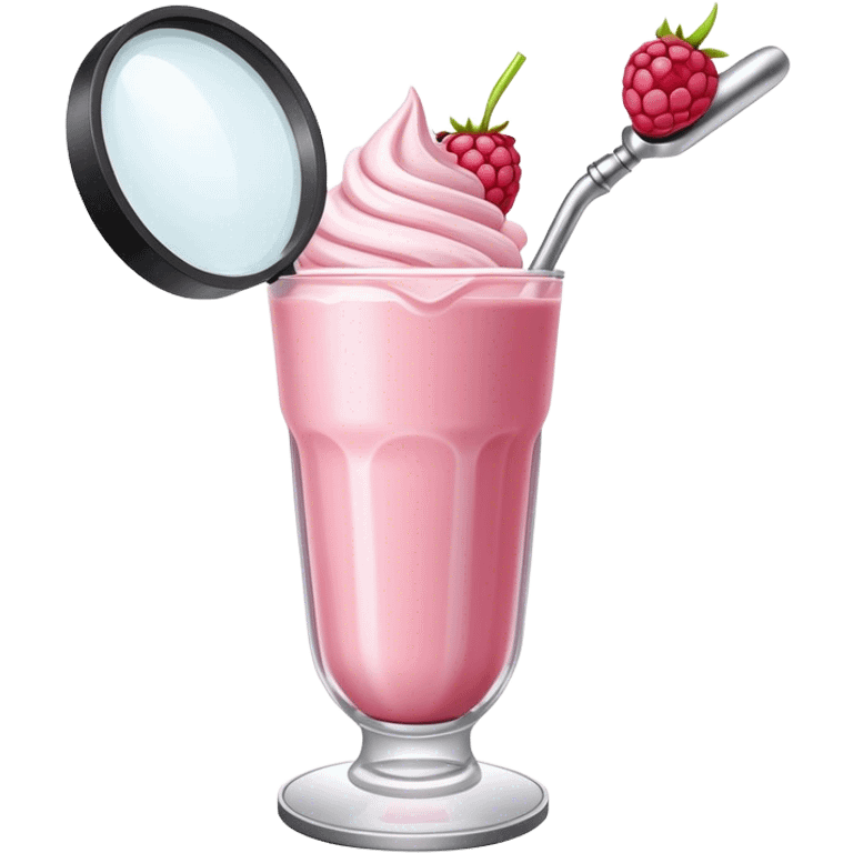 A raspberry milkshake holds a magnifier emoji