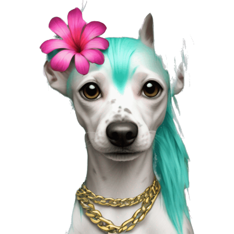 Punk tropical palm leaves flowers Chinese crested dog neon rainbow cyan green pink hair gold chain punk piercings tattoos punk ear piercings emoji