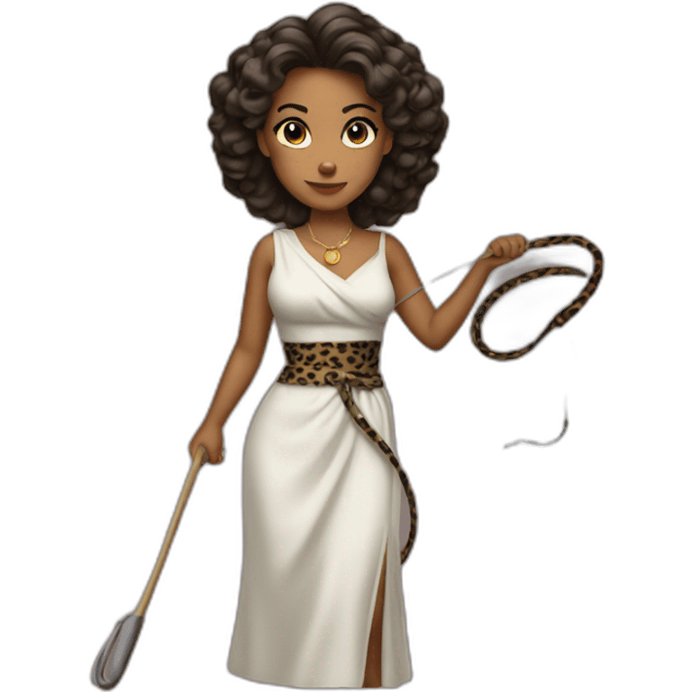 Woman in loepard dress with a whip emoji