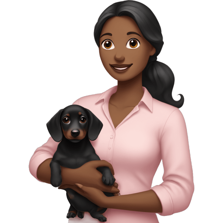 a brunette woman in a light pink shirt holding black dachshund puppy in her arms emoji