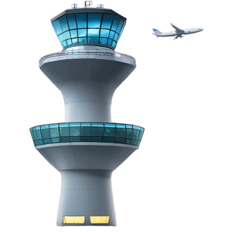 An air traffic control tower stands tall, its sleek, high-tech design featuring glass panels that reflec. Surrounding the base, a bustling airport runway is visible with airplanes taxiing, their navigation lights illuminating the tarmac. emoji