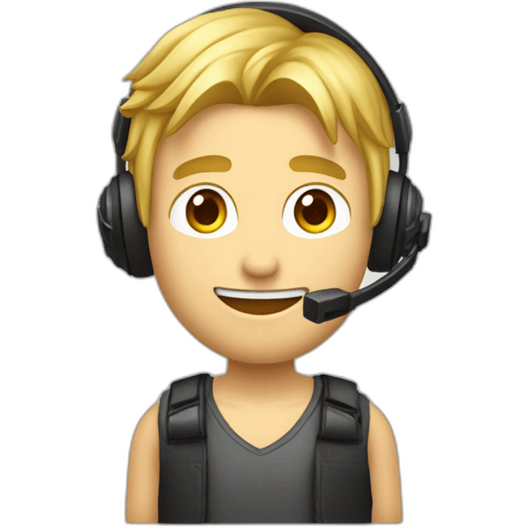 Homme blond, visage ovale, cheveux lisses avec un casque de gamer sur la tête, et des petits yeux emoji